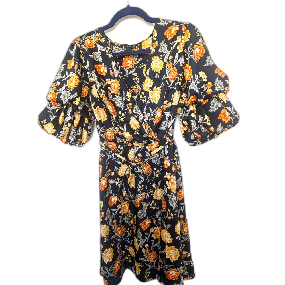 River Island Black Yellow Floral Wrap Dress Tiered Balloon Puff Sleeves US 4